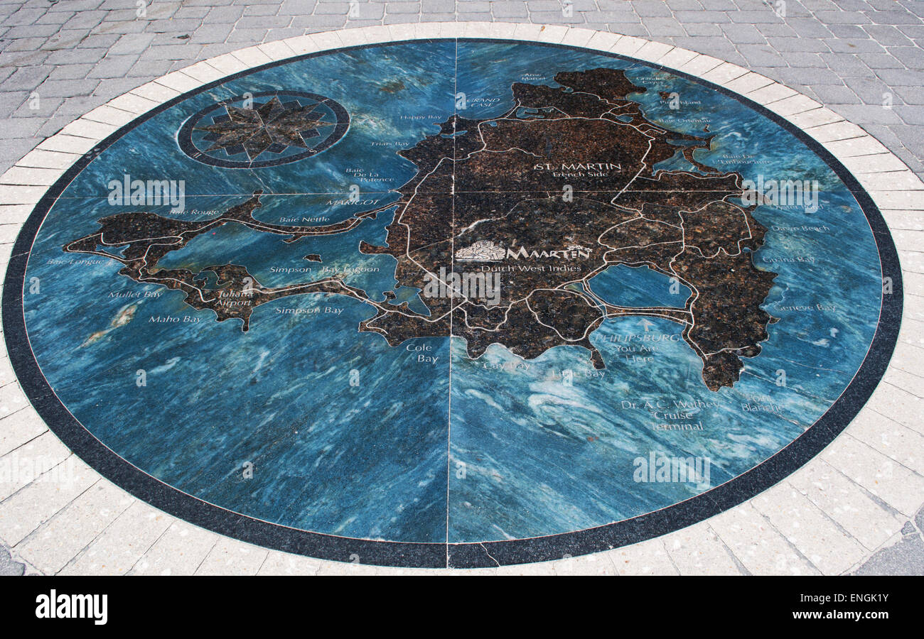 St Martin, Sint Maarten, Netherlands Antilles, Caribbean: stone map carved on the street in the center of the Dutch city of Philipsburg Stock Photo