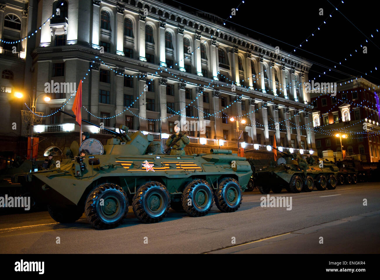 Moscow, Russia. 04th May, 2015. Russian personnel carriers seen lining up for the parade rehearsal in Tverskaya Street in central Moscow. - Russian military hardwares including the latest developed T-14 tank participated in the 70th Victory day parade rehearsal. 4th May 2015 © Geovien So/Pacific Press/Alamy Live News Stock Photo