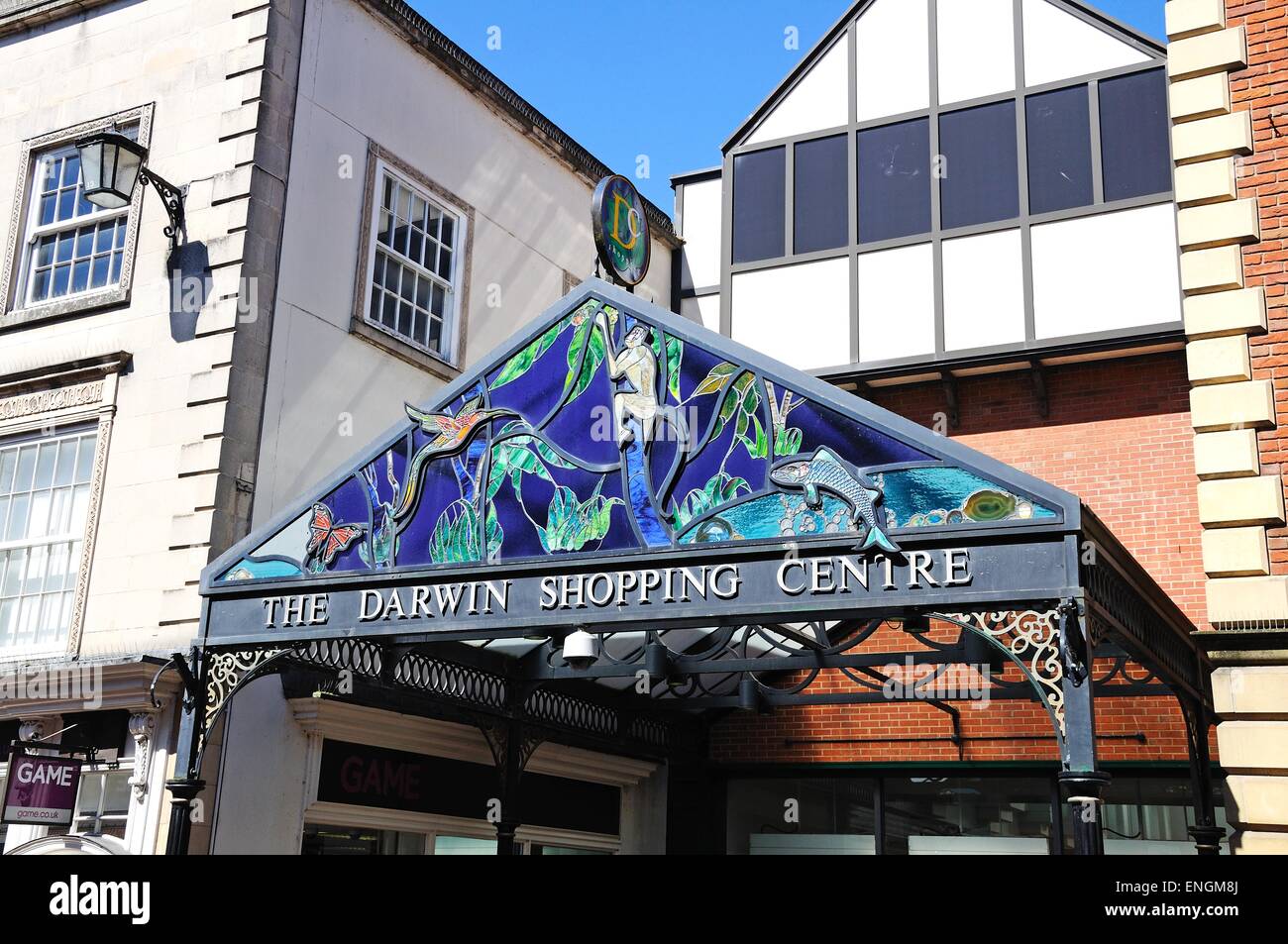 Entrance canopy to the Darwin shopping centre, Shrewsbury, Shropshire, England, UK, Western Europe. Stock Photo
