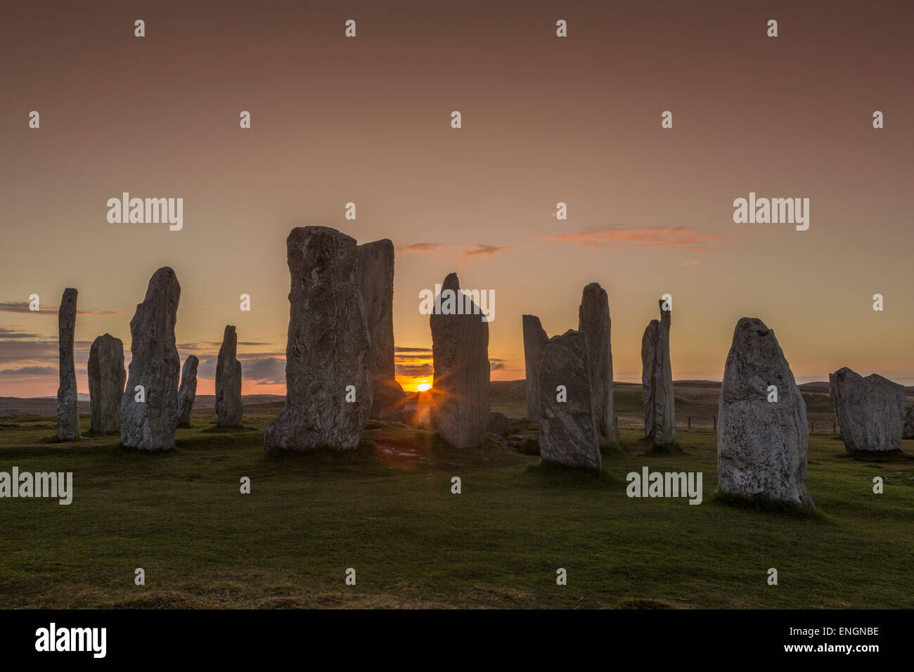Callanish Stones on the Isle of Lewis at sunset Stock Photo