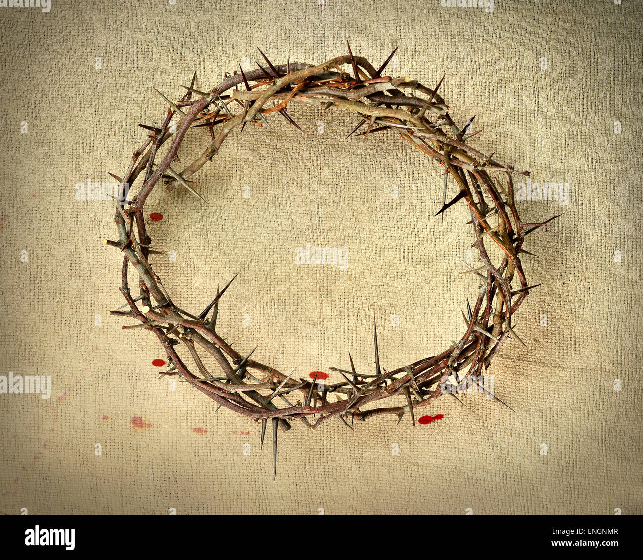 Crown of thorns over vintage cloth with blood drops Stock Photo