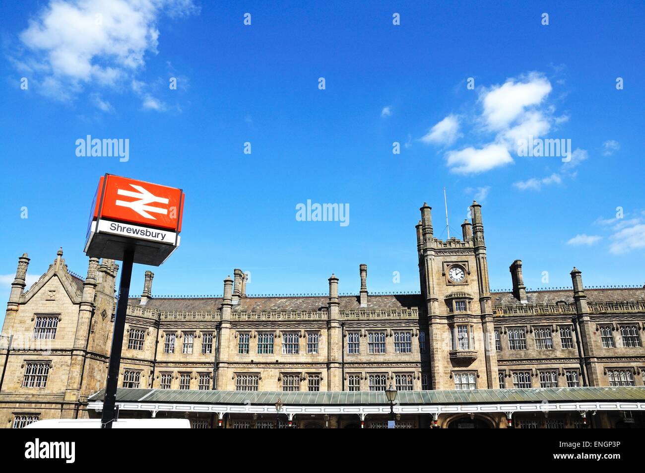 View of the Railway Station with the Station sign in the foreground, Shrewsbury, Shropshire, England, UK, Western Europe. Stock Photo