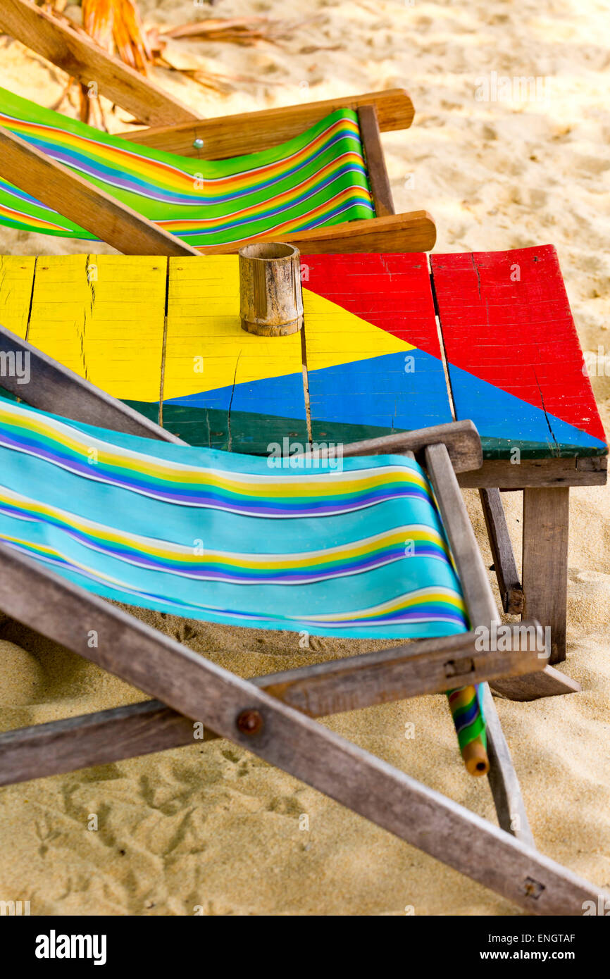 Deckchairs on Bang Bao Beach on Ko Chang, Thailand Stock Photo