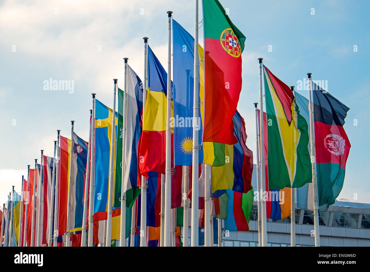 Many different international flags seen at a fair center Stock Photo