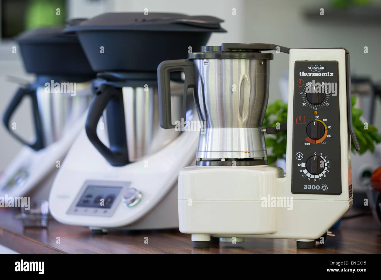 Wuppertal, Germany. 05th May, 2015. A Thermomix TM5 and a Theromix 3300  from the year 1984 by the company Vorwerk stand in the testing kitchen of  the company's factory in Wuppertal, Germany,