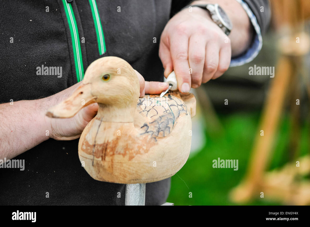 A man uses a small chisel to carve a wooden duck Stock Photo