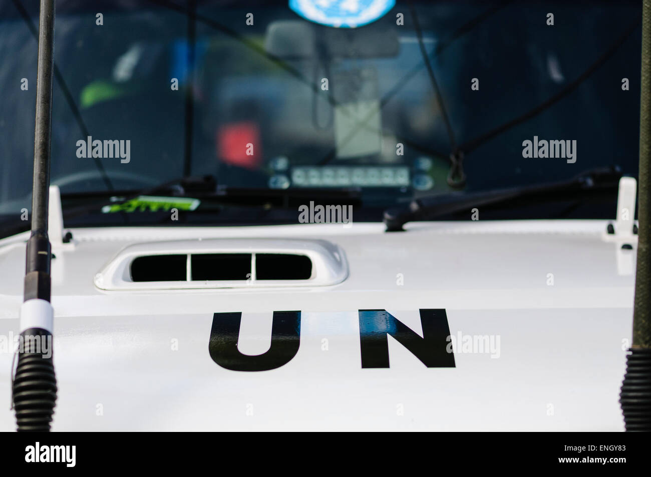 United Nations UN on the bonnet of a peace-keeping vehicle Stock Photo