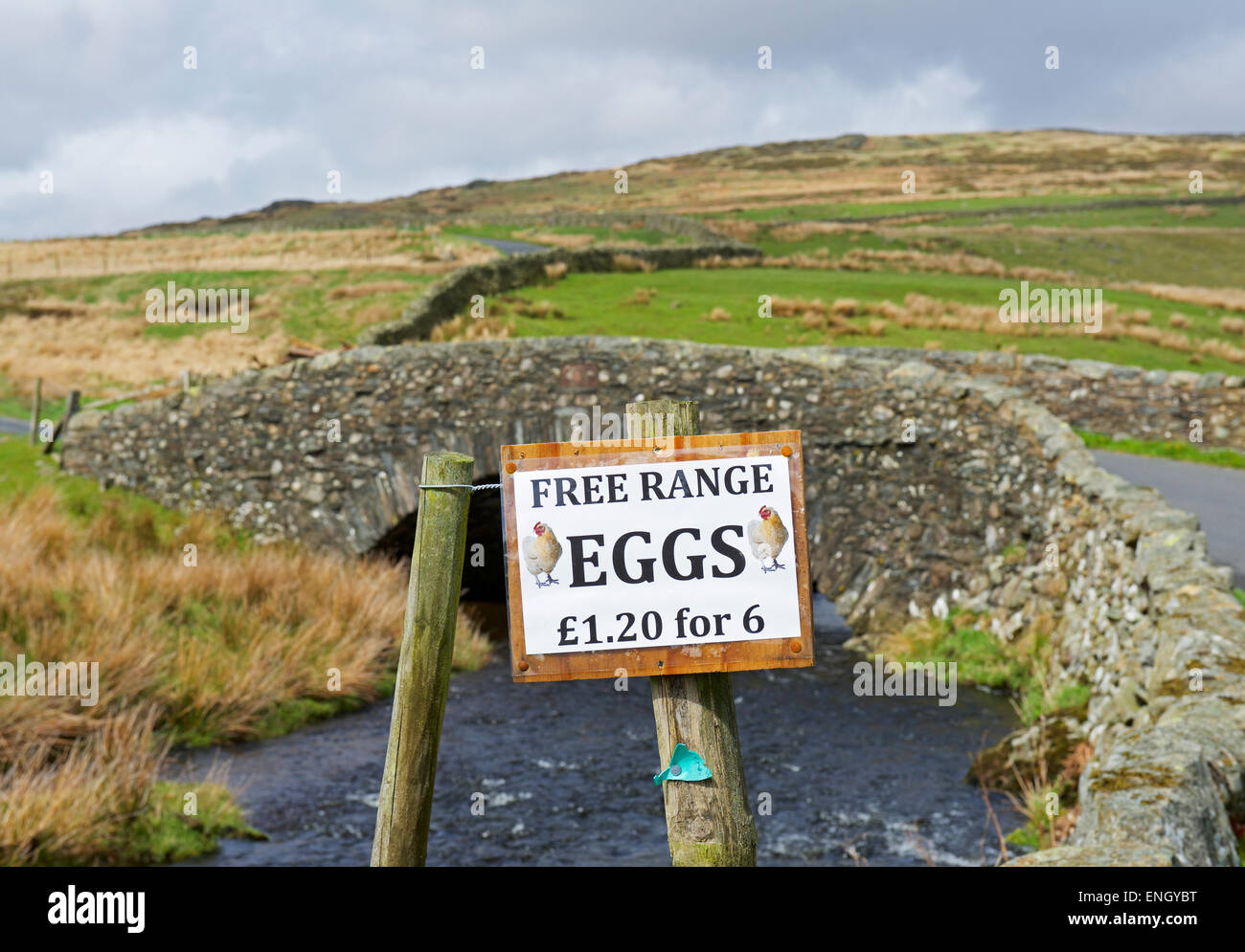 Sign for Free Range Eggs outside farm on Birker Fell, Lake District National Park, Cumbria, England UK Stock Photo