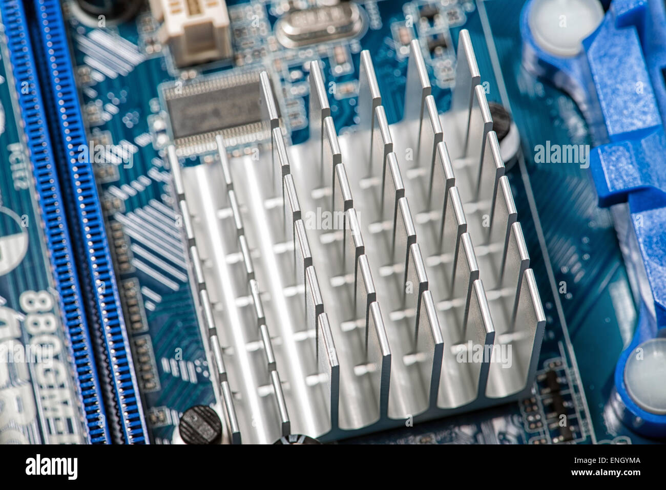 Close up of a chipset heatsink on motherboard Stock Photo