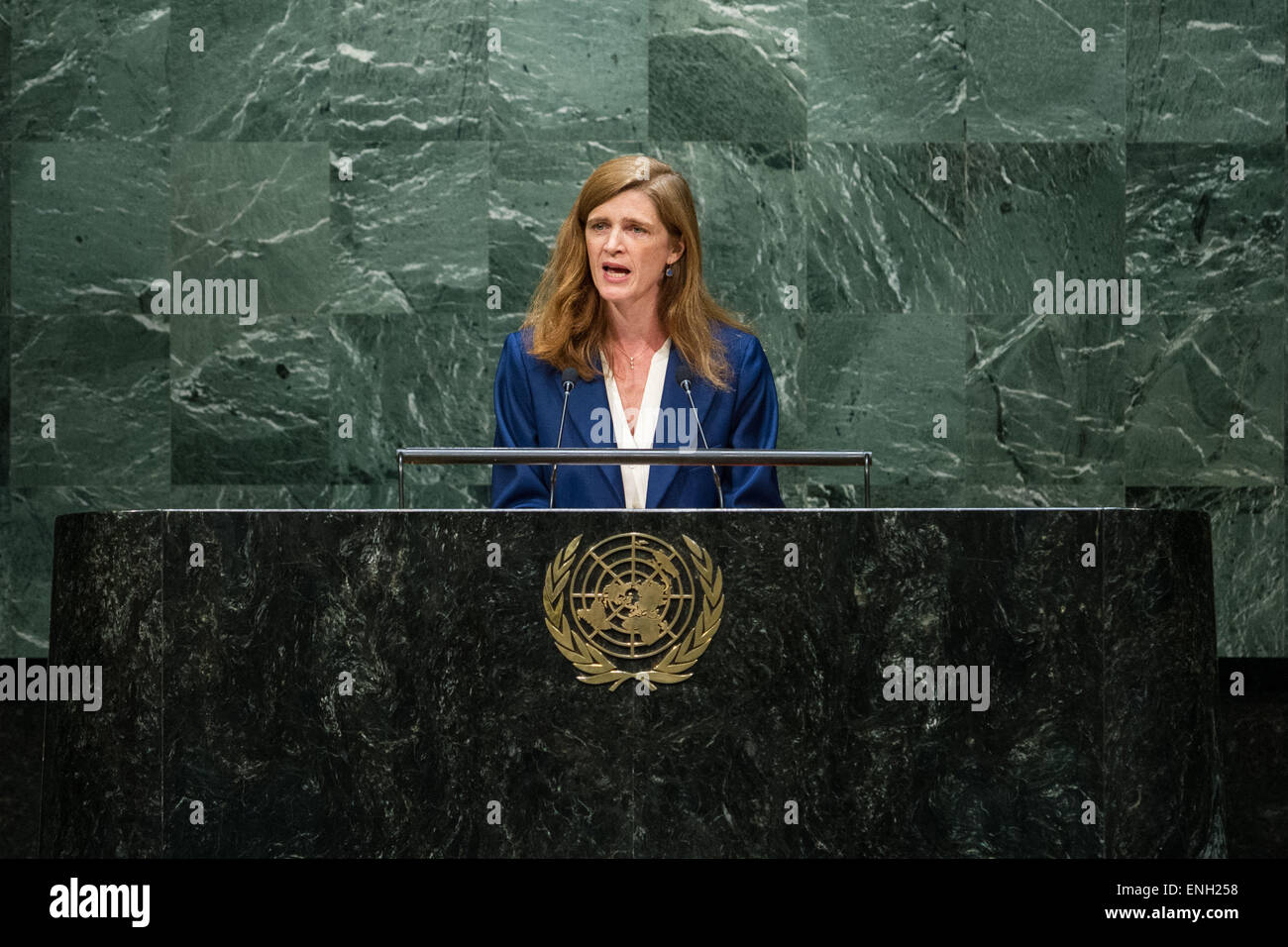 New York, USA. 5th May, 2015. USA Permanent Representative to the United Nations. 5th May, 2015. Samantha Power, United States Permanent Representative to the United Nations, speaks during a UN General Assembly's special meeting to commemorate all victims of WWII at the UN headquarters in New York on May 5, 2015. A UN General Assembly (GA) special meeting kicked off here on Tuesday to commemorate victims of the Second World War. Credit:  Li Muzi/Xinhua/Alamy Live News Stock Photo