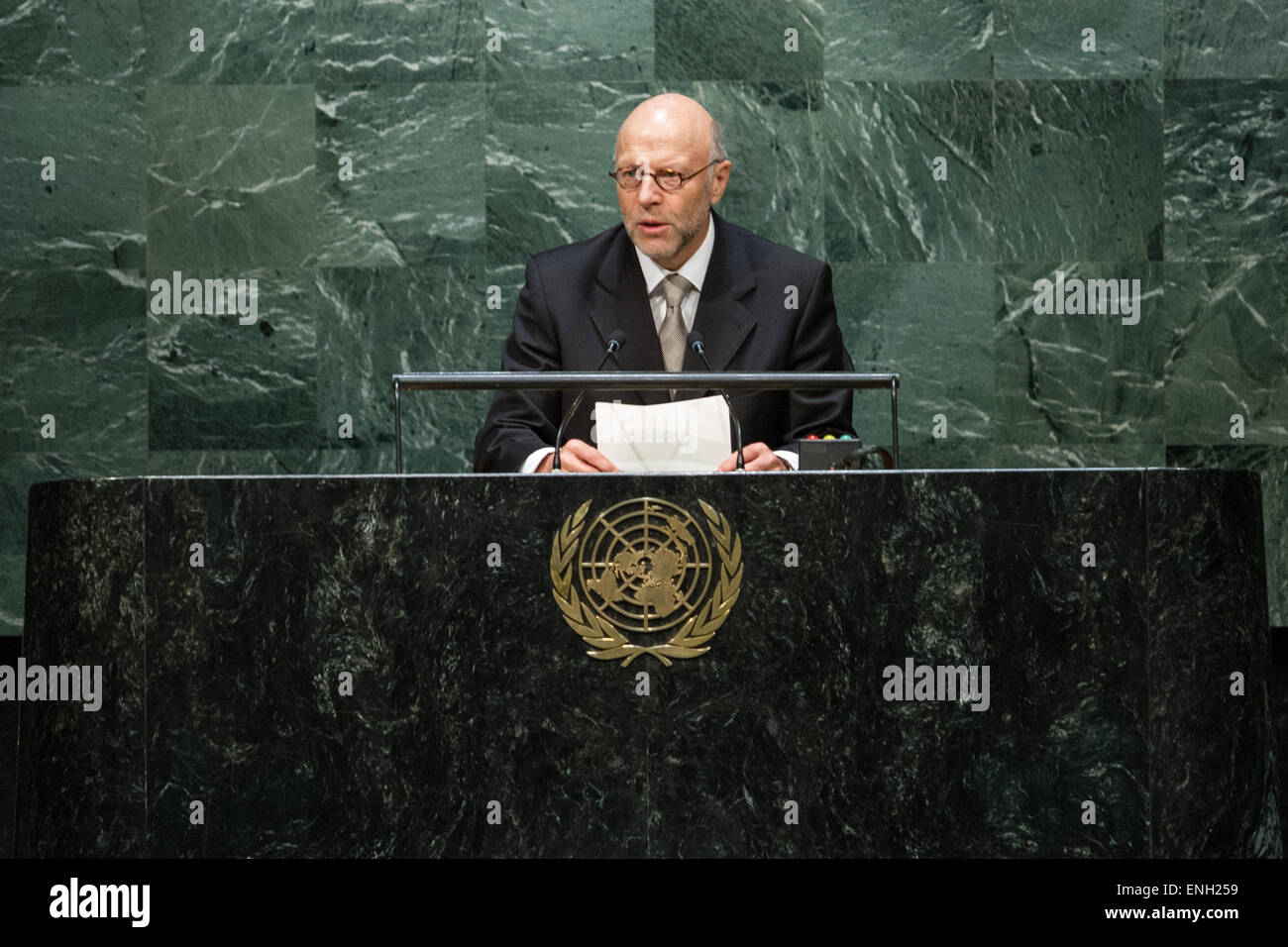 New York, USA. 5th May, 2015. Germany's permanent representative to the United Nations. 5th May, 2015. Harald Braun, Germany's permanent representative to the United Nations, speaks during a UN General Assembly's special meeting to commemorate all victims of WWII at the UN headquarters in New York on May 5, 2015. A UN General Assembly (GA) special meeting kicked off here on Tuesday to commemorate victims of the Second World War. Credit:  Li Muzi/Xinhua/Alamy Live News Stock Photo