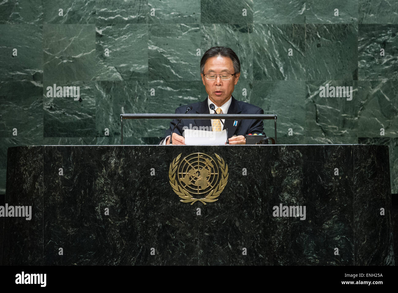 New York, USA. 5th May, 2015. Japan's permanent representative to the United Nations. 5th May, 2015. Motohide Yoshikawa, Japan's permanent representative to the United Nations, speaks during a UN General Assembly's special meeting to commemorate all victims of WWII at the UN headquarters in New York on May 5, 2015. A UN General Assembly (GA) special meeting kicked off here on Tuesday to commemorate victims of the Second World War. Credit:  Li Muzi/Xinhua/Alamy Live News Stock Photo