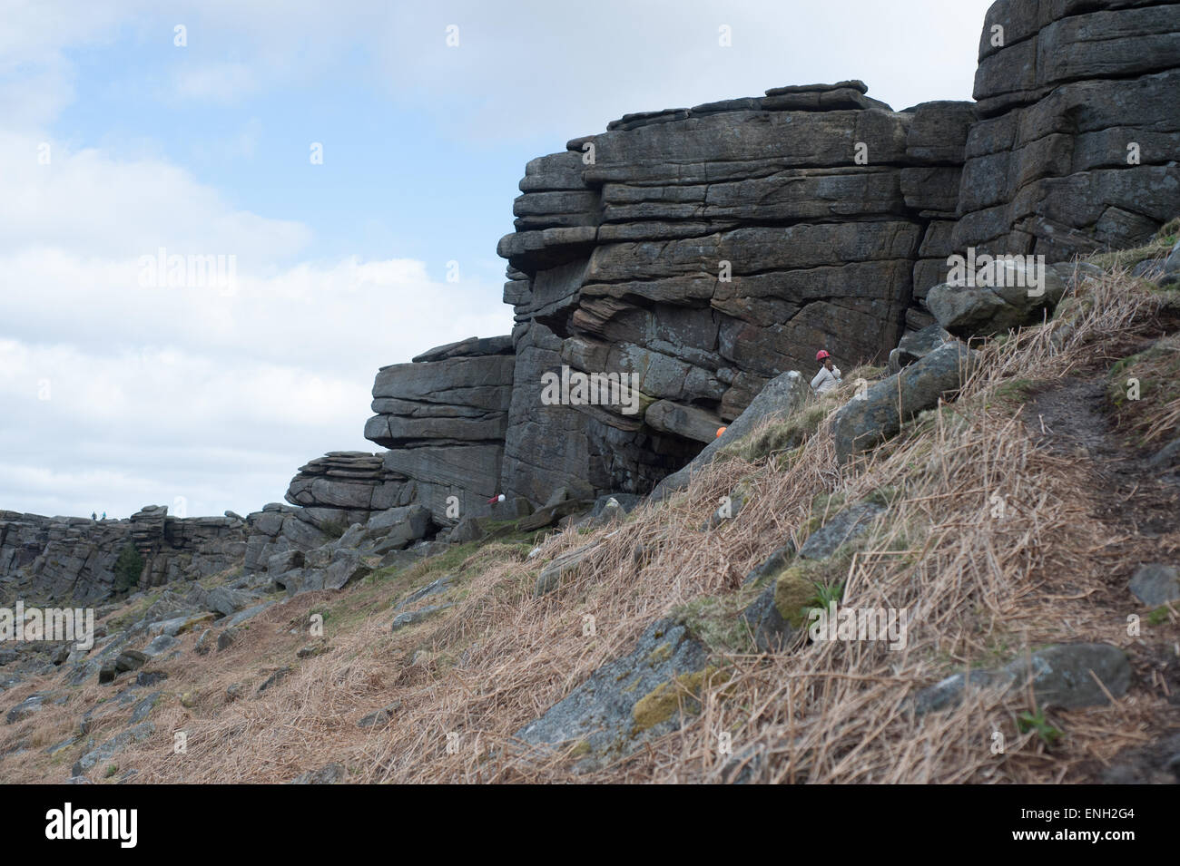 Stanage Edge climbing activity in the Peak District near Sheffield Stock Photo