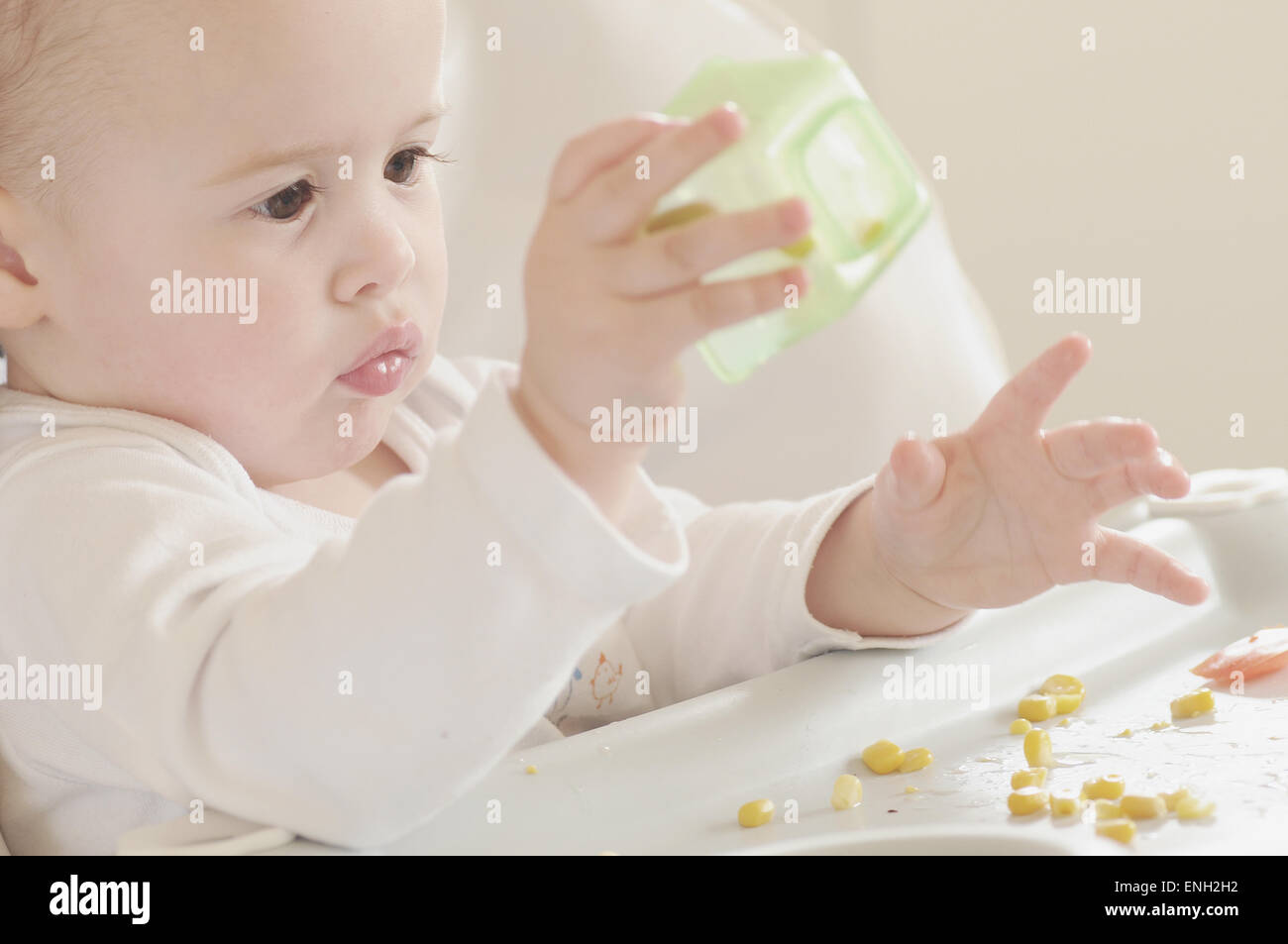 Caucasian one year old baby boy eating sweetcorn in a white highchair Stock Photo
