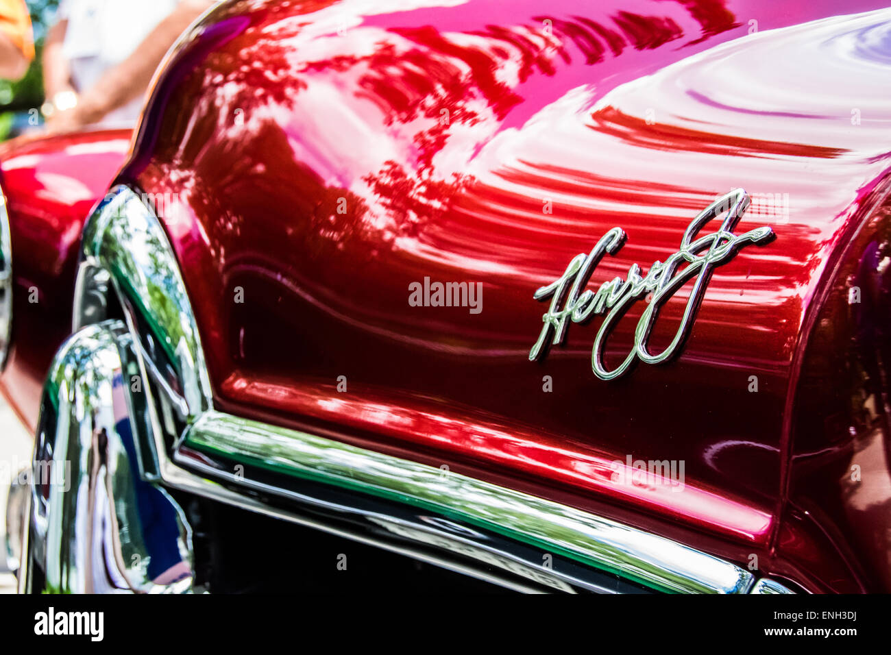 Candy apple red grill from old immaculate car at keels and wheels boat car show. Stock Photo
