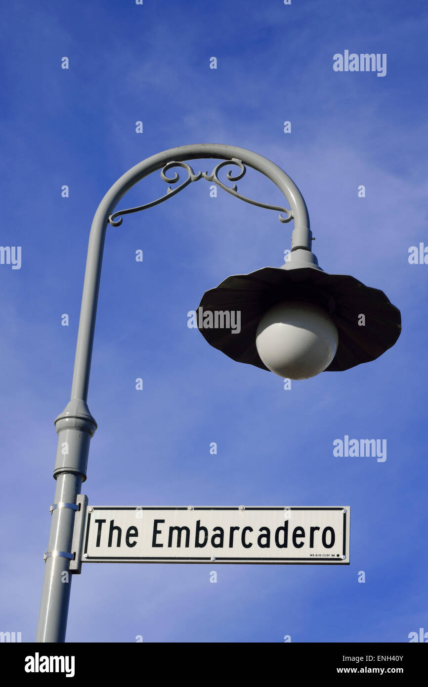 Art nouveau design street light with Embarcadero street sign at Pier 39 San Francisco California USA Stock Photo