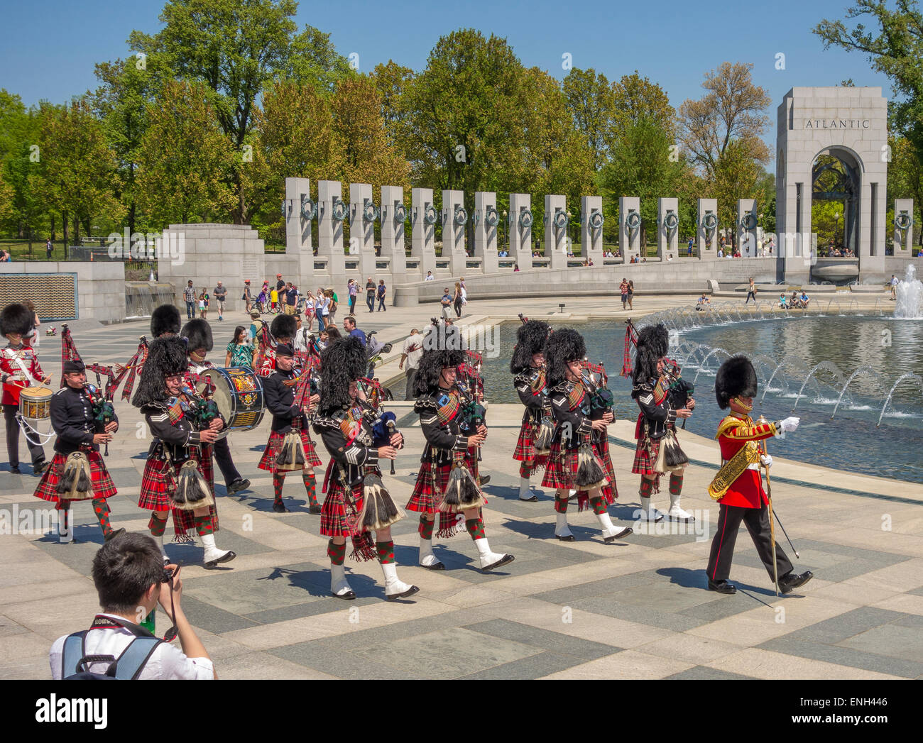 WASHINGTON, DC, USA - British Army's 1st Battalion Scots Guards Pipes and Drums marching at World War Two Memorial. Stock Photo
