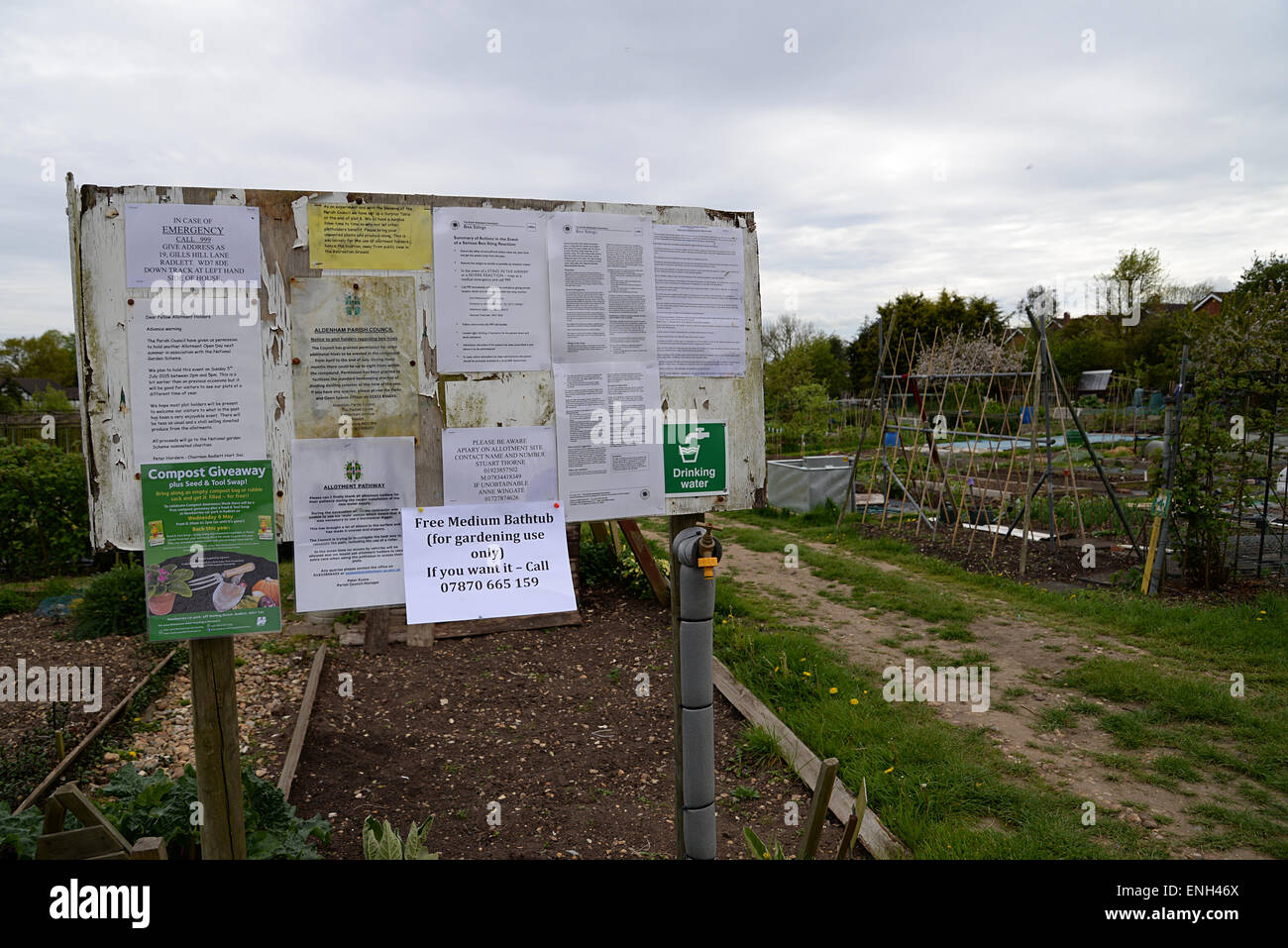 Notice board information at entrance to gardening in Radlett Allotments, Hertfordshire. Stock Photo