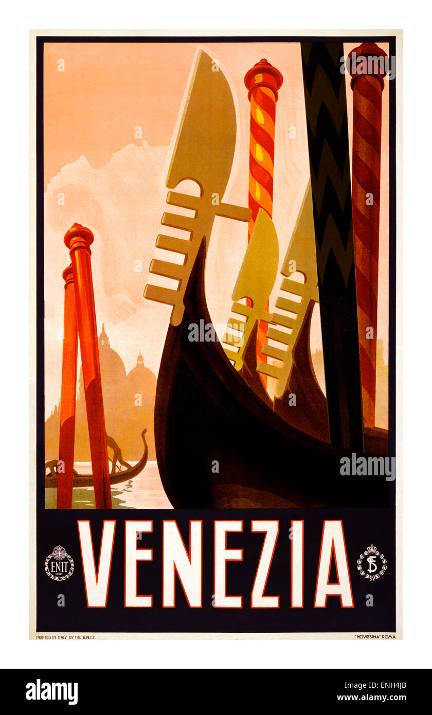 1920's evocative vintage travel poster for Venice Lido and Gondolas Italy Stock Photo