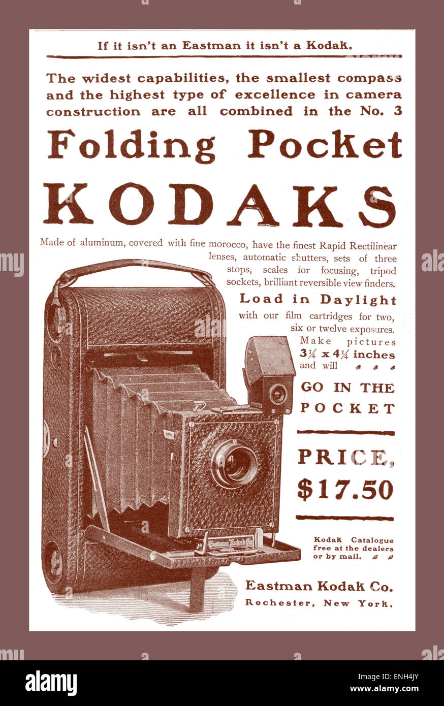 KODAK Vintage 1900 sepia press advertisement for a folding pocket no 3 'Kodaks' at $17.50 from Eastman Kodak Rochester NY USA Stock Photo