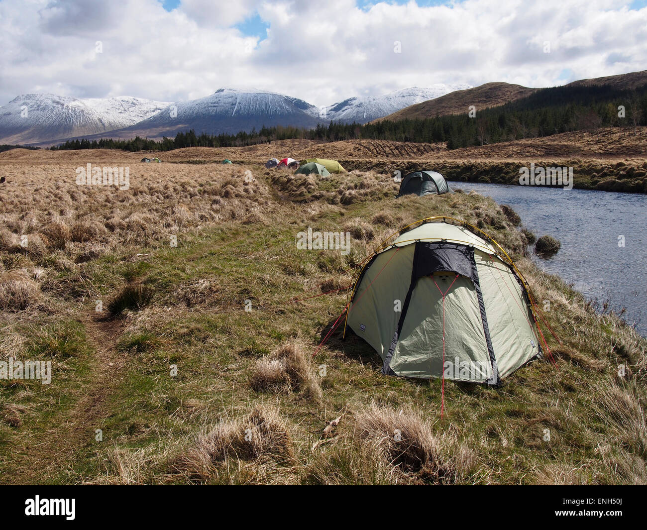 tents by Abhainn Shira near Inveroran, Scotland Stock Photo
