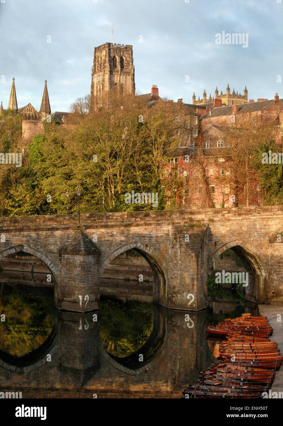 Elvet Bridge Durham City over the River Wear with Durham Cathedral in the background Stock Photo