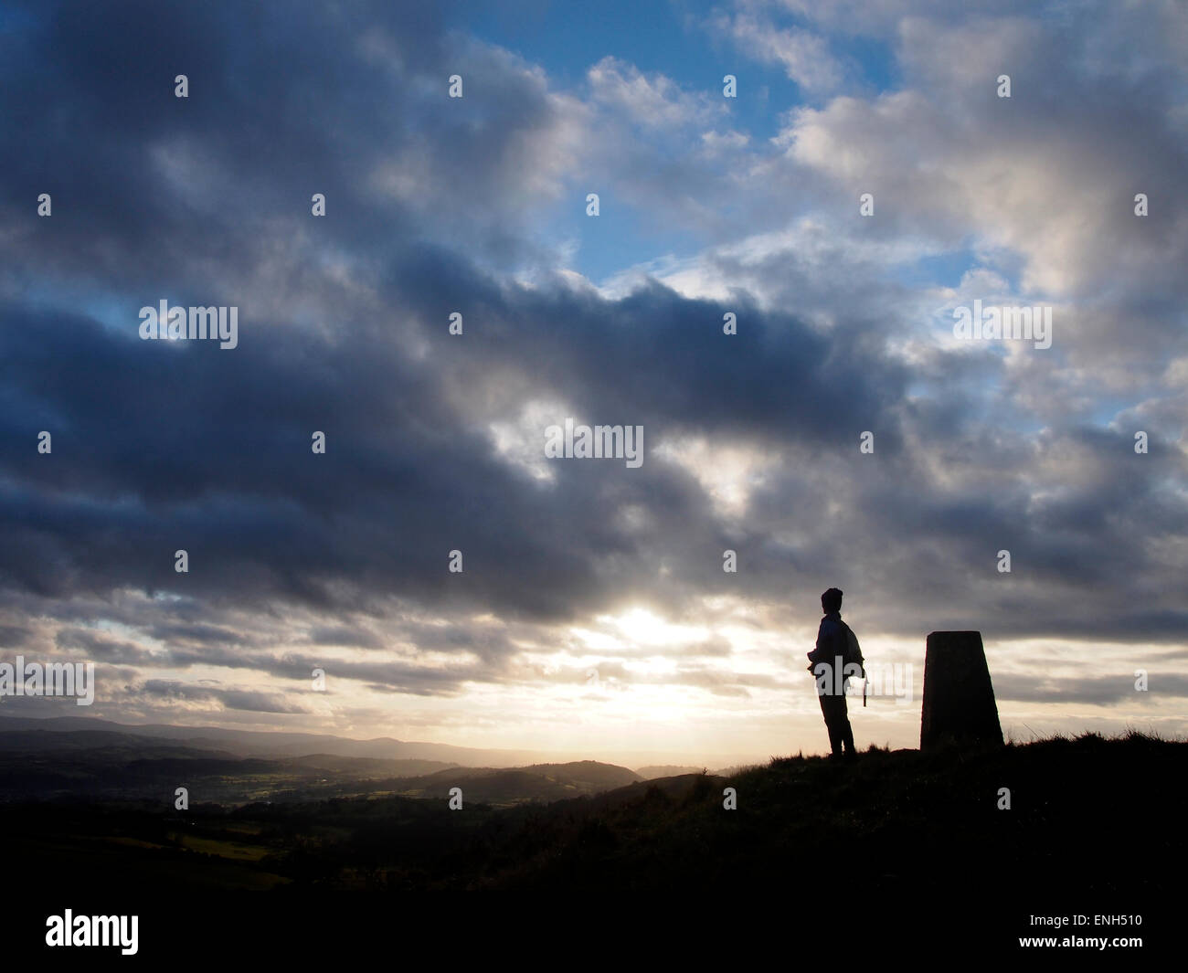 Trig point on summit of Fforest, Wales Stock Photo