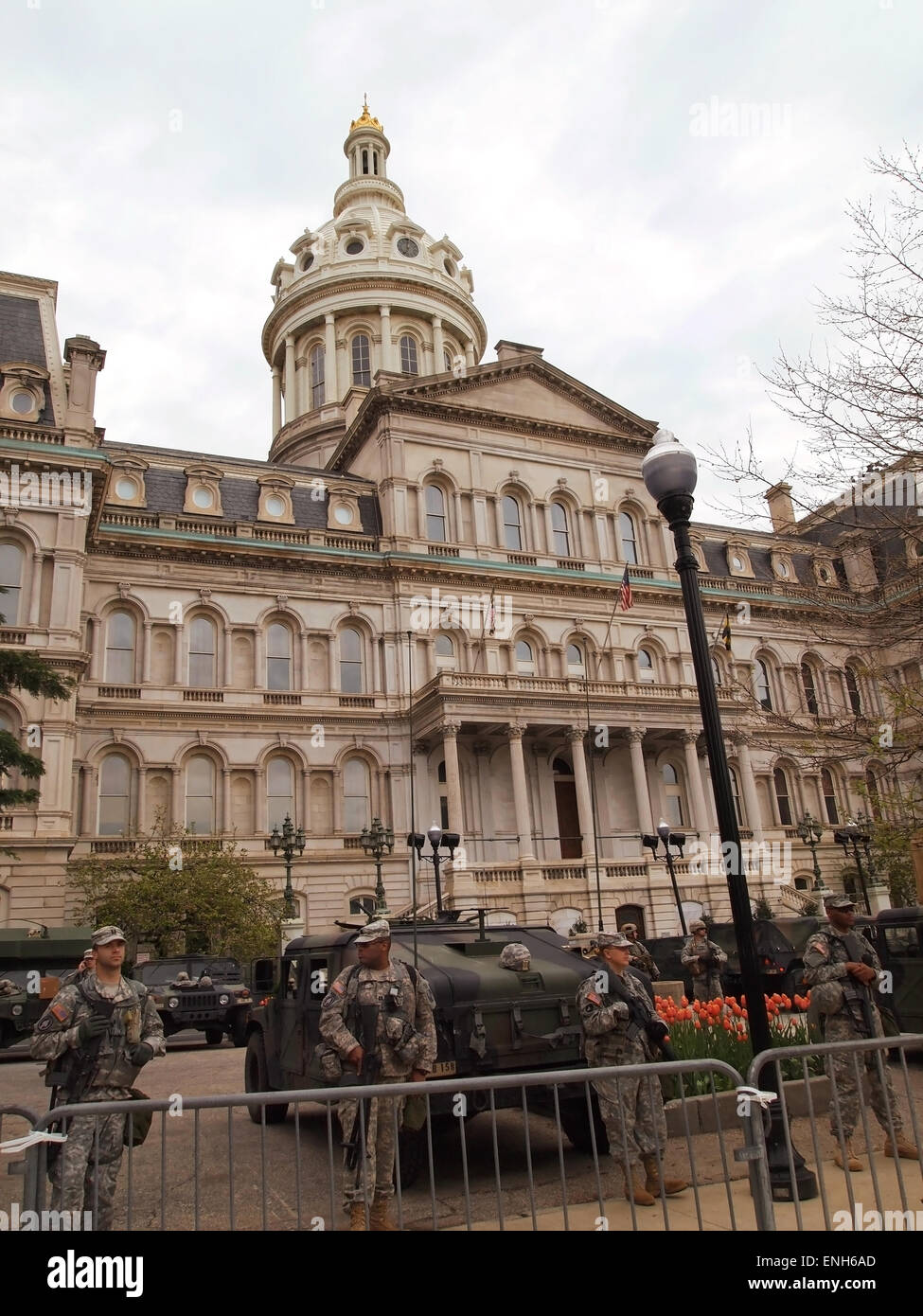BALTIMORE, MD - MAY 1, 2015: The National Guard surrounds the City Hall  building in Baltimore, MD, on May 1, 2015, during a wee Stock Photo