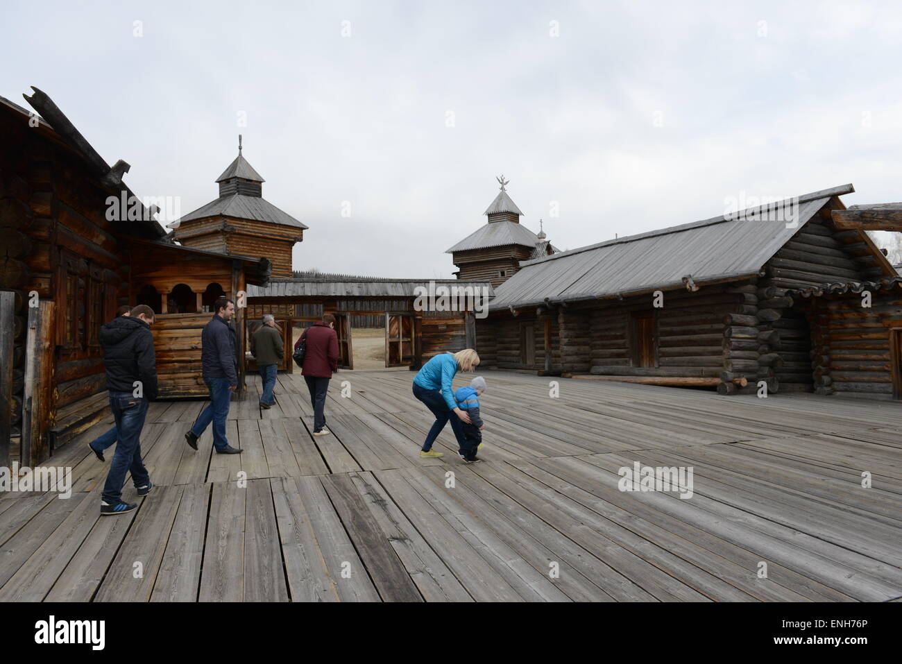 Old traditional Siberian wooden houses in the Taltsy Open-Air Museum near Irkutsk. Stock Photo