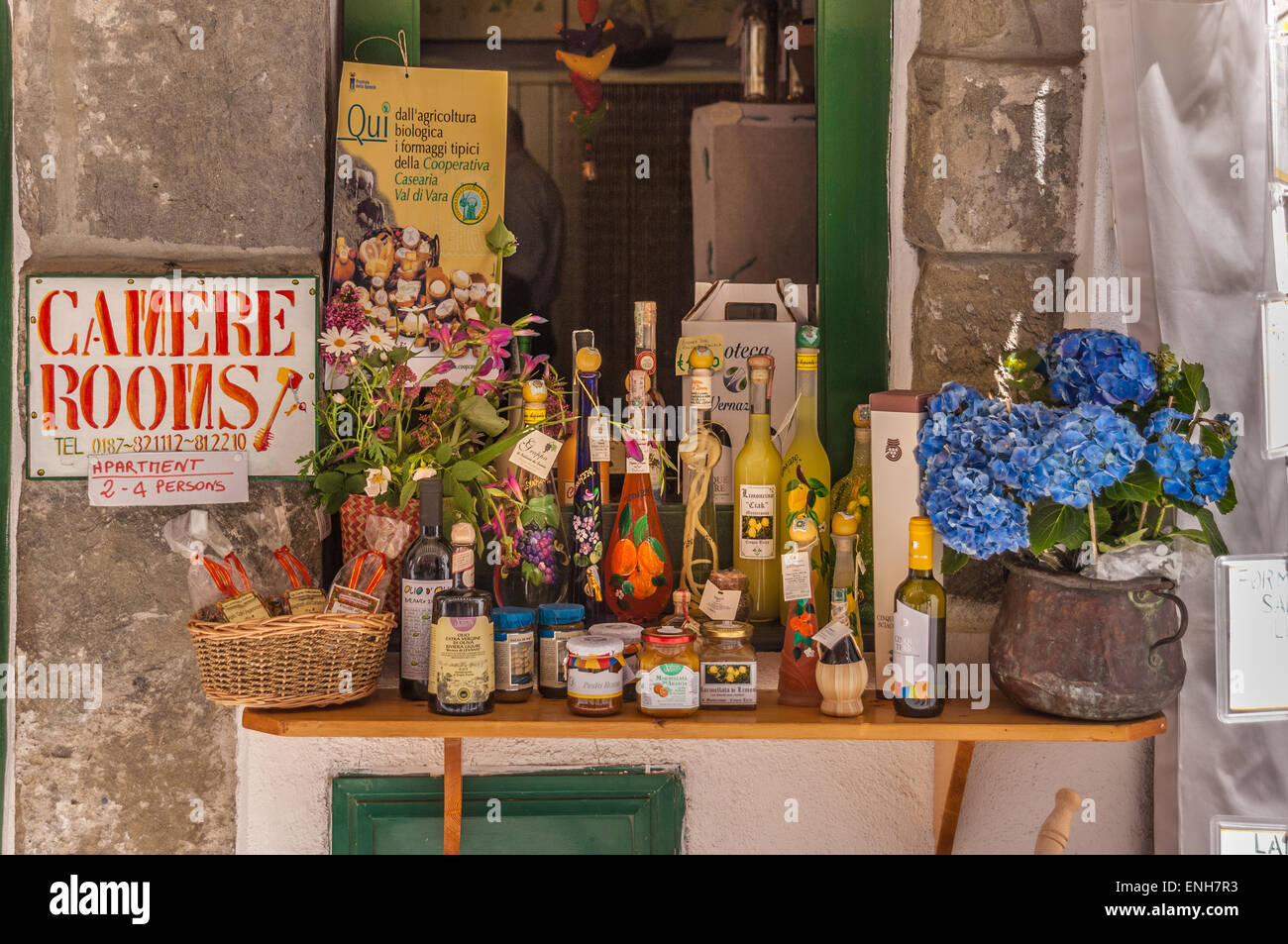 Product display in Vernazza market, Cinque Terre in Italy Stock Photo