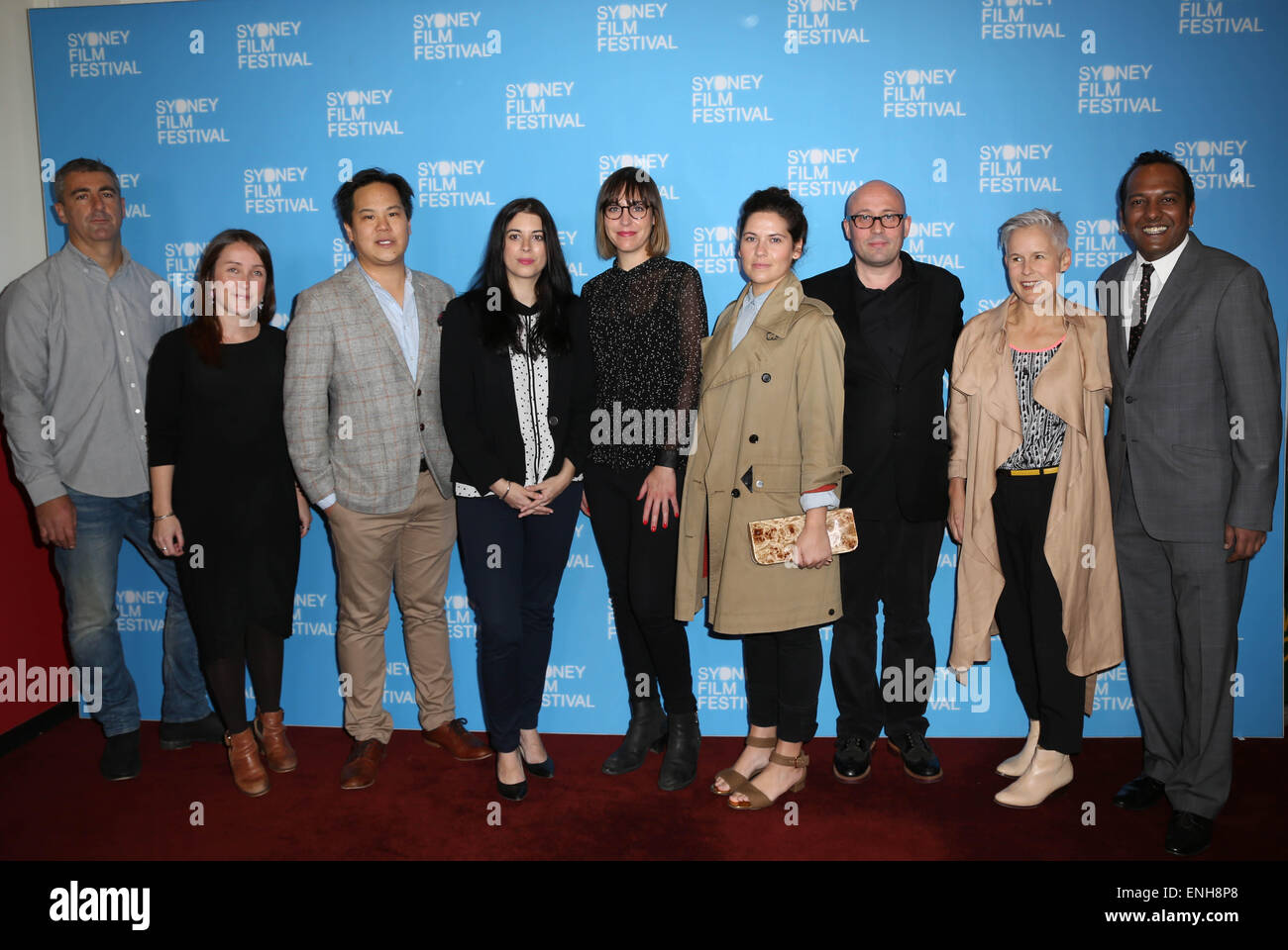 Sydney, Australia. 6 May 2015. Pictured are L-R: Death in Bloom Assistant Director Jonas McLallen, Whispers Among Wolves Producer April Lafe, Whispers Among Wolves Director Kevin Lim, Red Rover Producer Brietta Hague, Red Rover Director Brooke Goldfinch, Markers Producer Carla de Menezes Ribeiro, Ernie Biscuit Animator/Director Adam Elliot, Ernie Biscuit Executive Producer Kristine Darmody and SFF Director Nashen Moodley. The 62nd Sydney Film Festival program was launched at Barnett Long Room, Customs House, 31 Alfred Street, Circular Quay. Credit: Richard Milnes/Alamy Live News Stock Photo