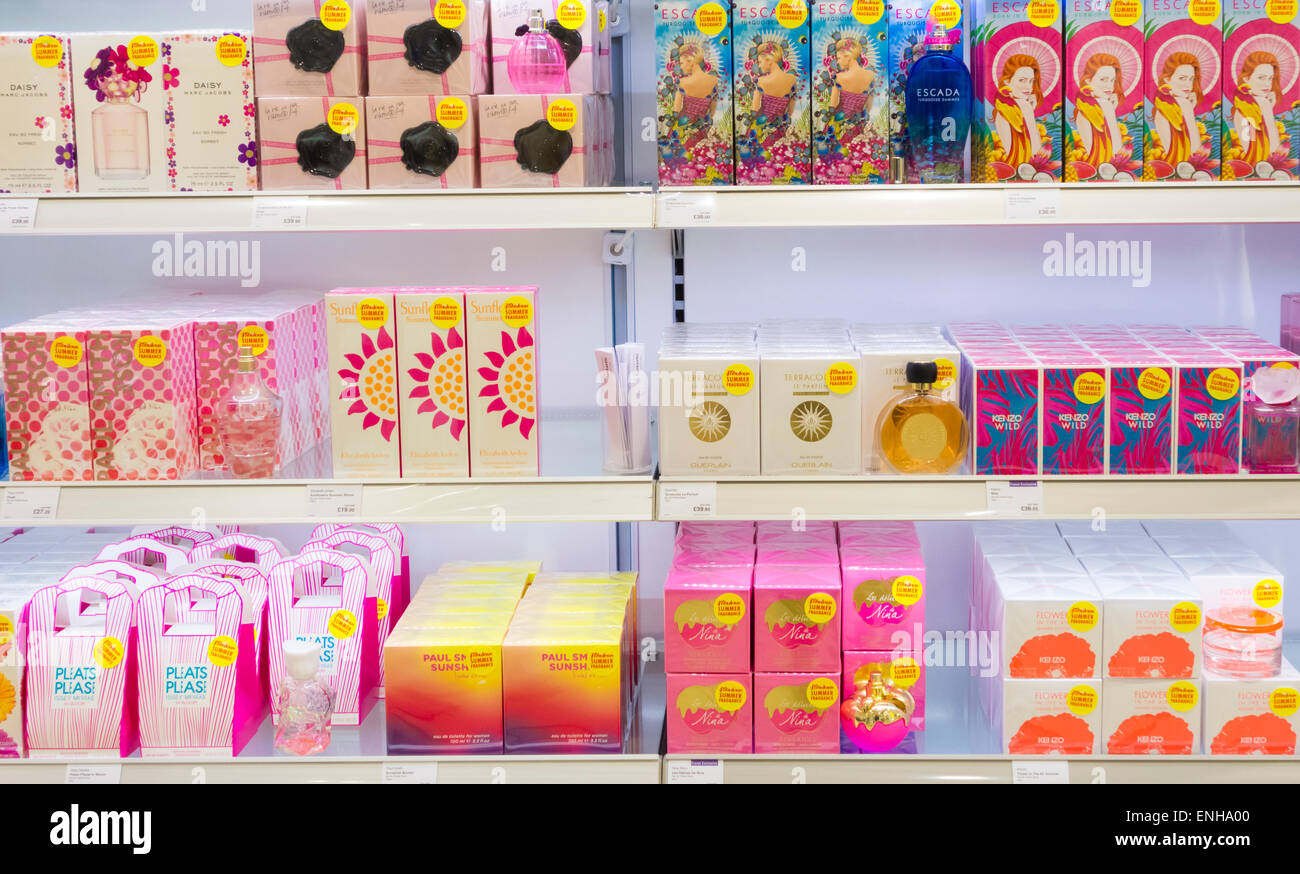 Perfume display in UK airport duty free shop Stock Photo - Alamy