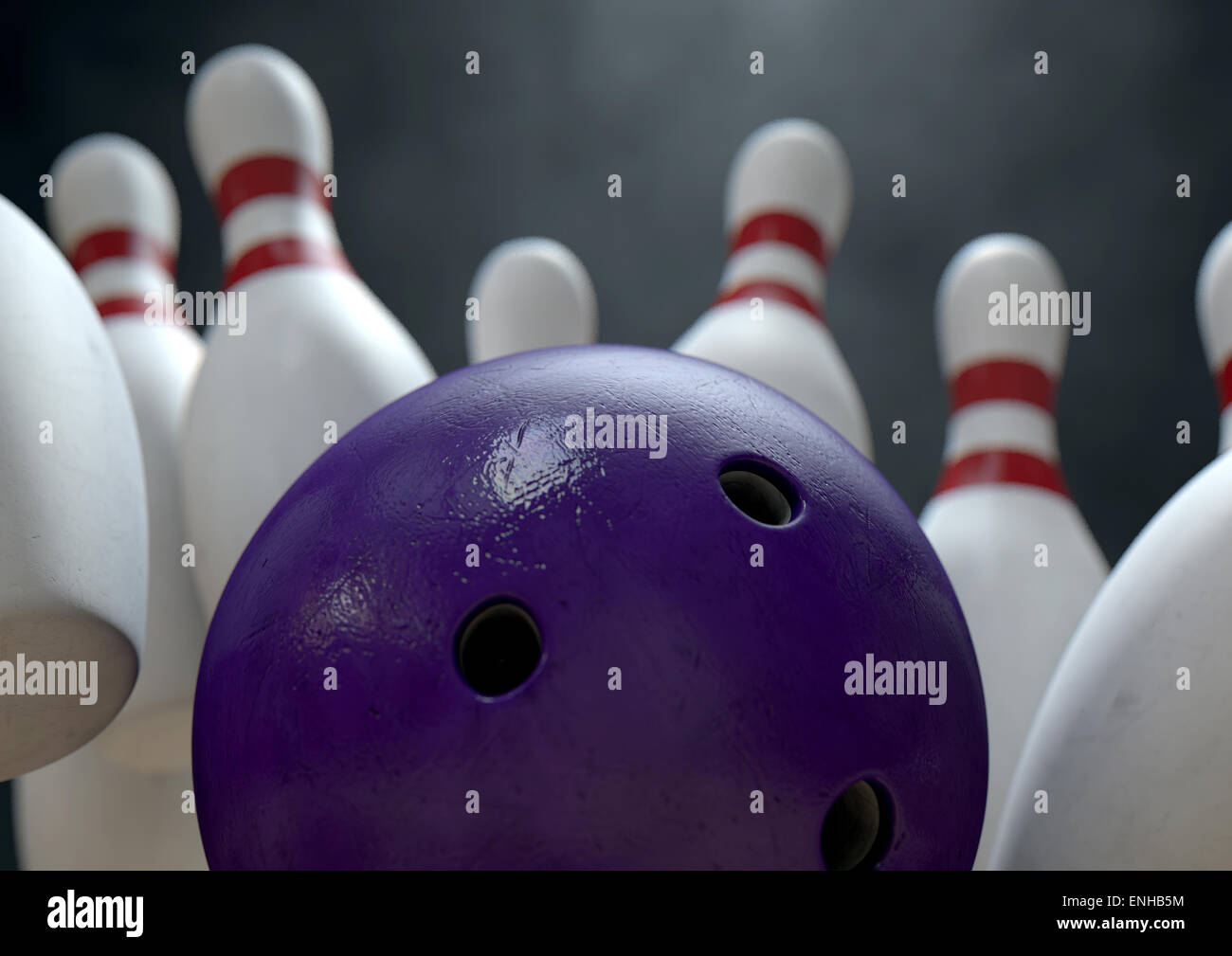 An arrangement of white and red used vintage bowling pins being struck