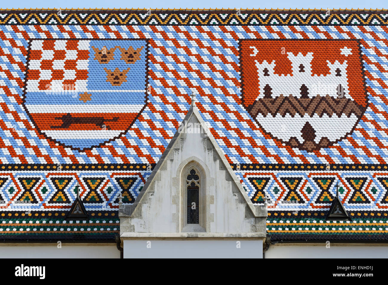 Roof of St Mark's Church, Zagreb, Croatia. The roof tiles represent the Coat of Arms of Zagreb and the Triune Kingdom of Croatia Stock Photo