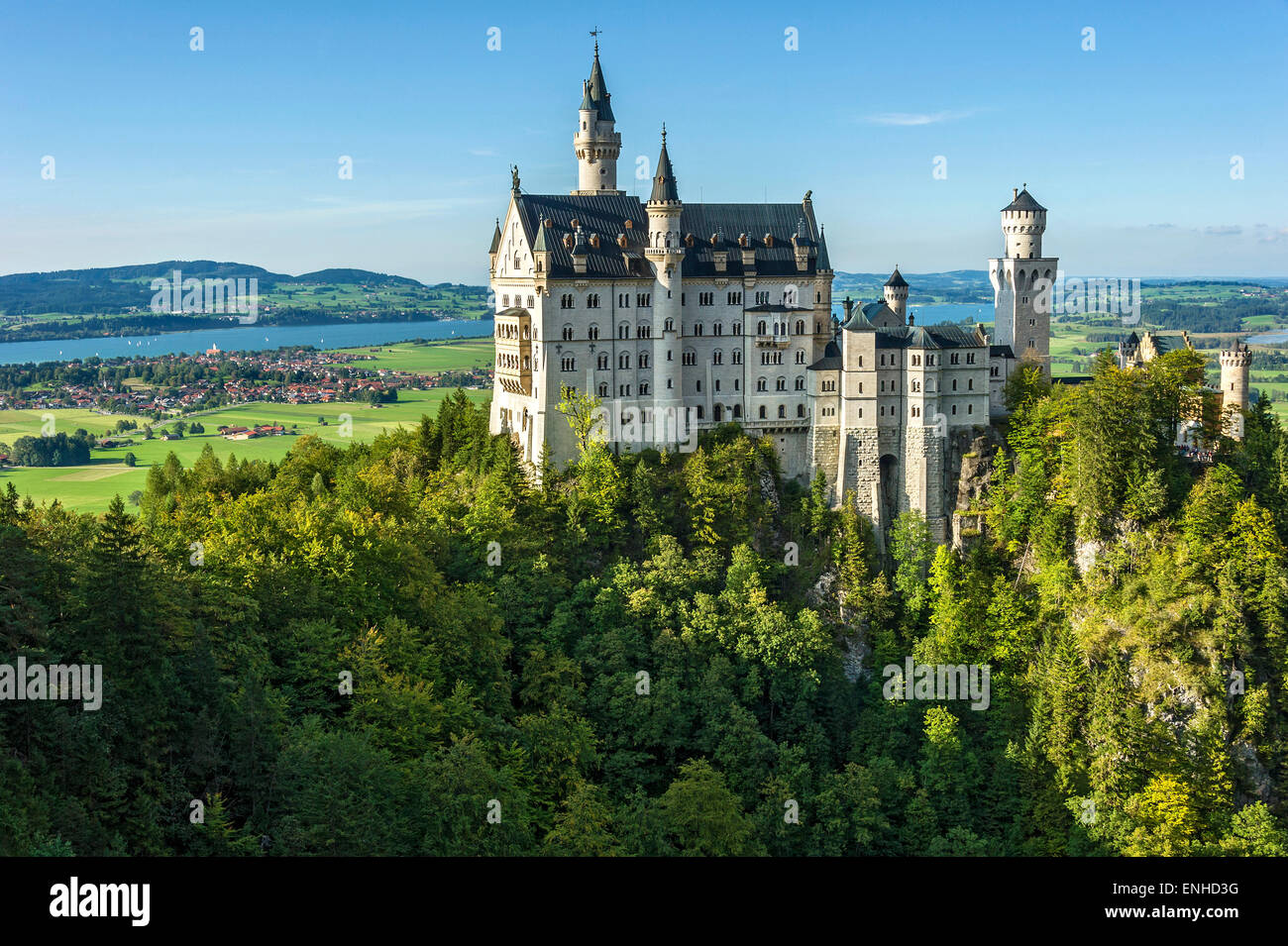 Neuschwanstein Castle above Pöllatschlucht gorge, lake Forggensee, Schwangau, Ostallgäu, Allgäu, Swabia, Bavaria, Germany Stock Photo