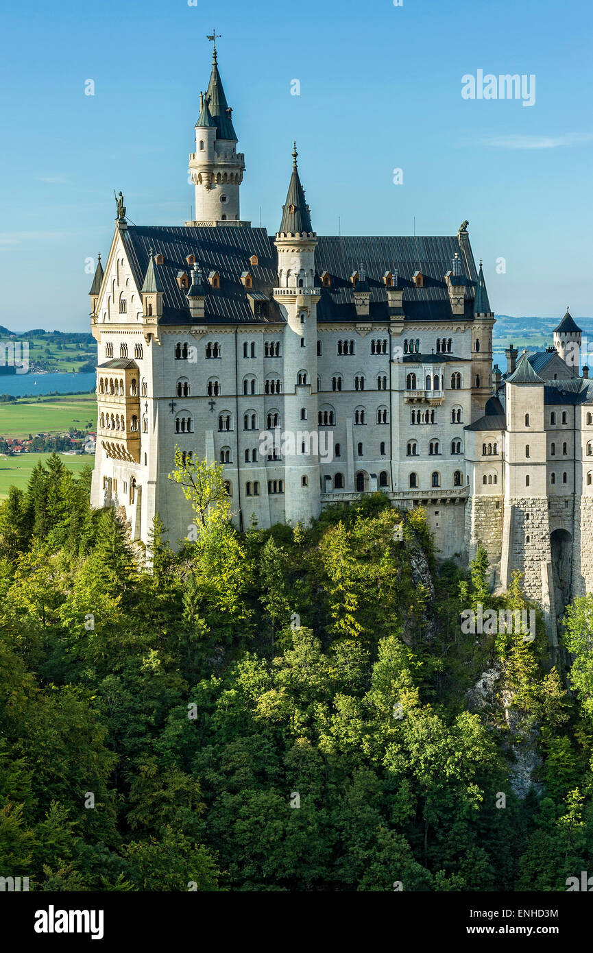 Neuschwanstein Castle above Pöllatschlucht gorge, lake Forggensee, Schwangau, Ostallgäu, Allgäu, Swabia, Bavaria, Germany Stock Photo