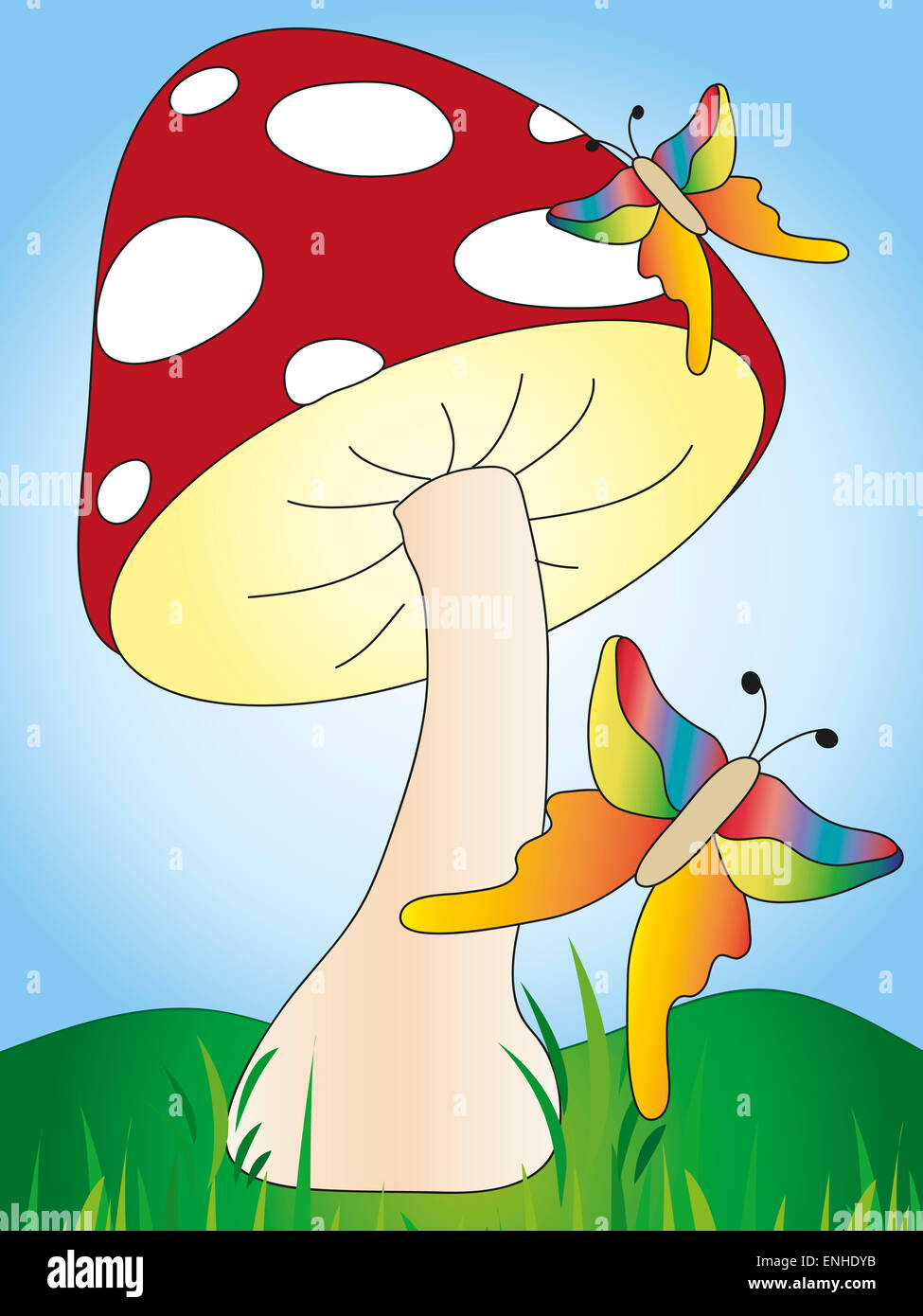 illustration with mushroom and butterflies Stock Photo Alamy
