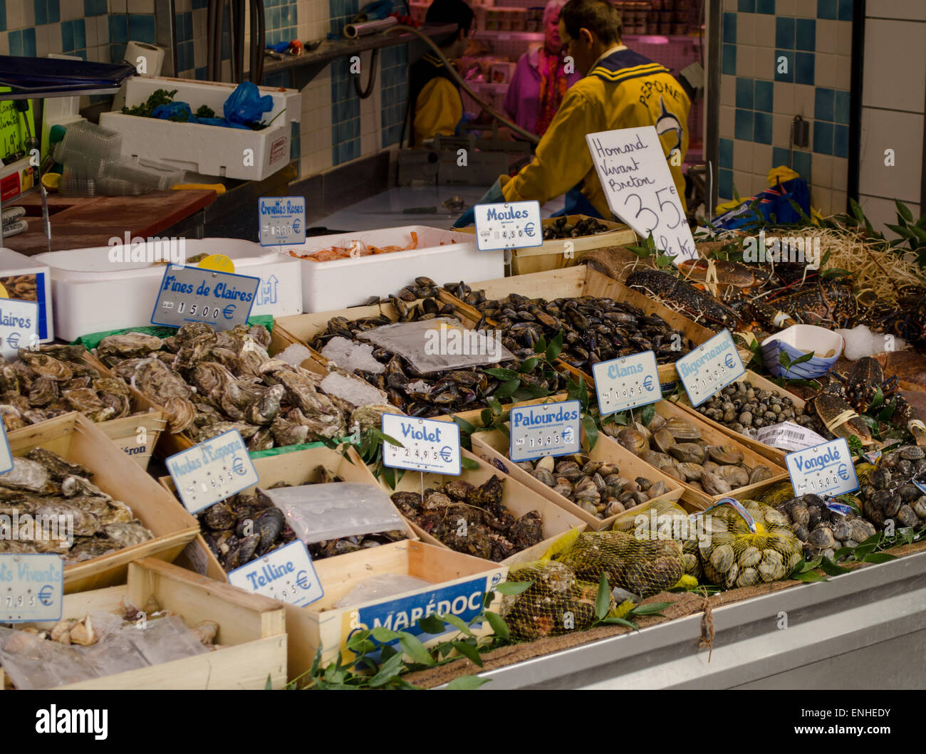 Seafood and fish at French market, Paris Stock Photo