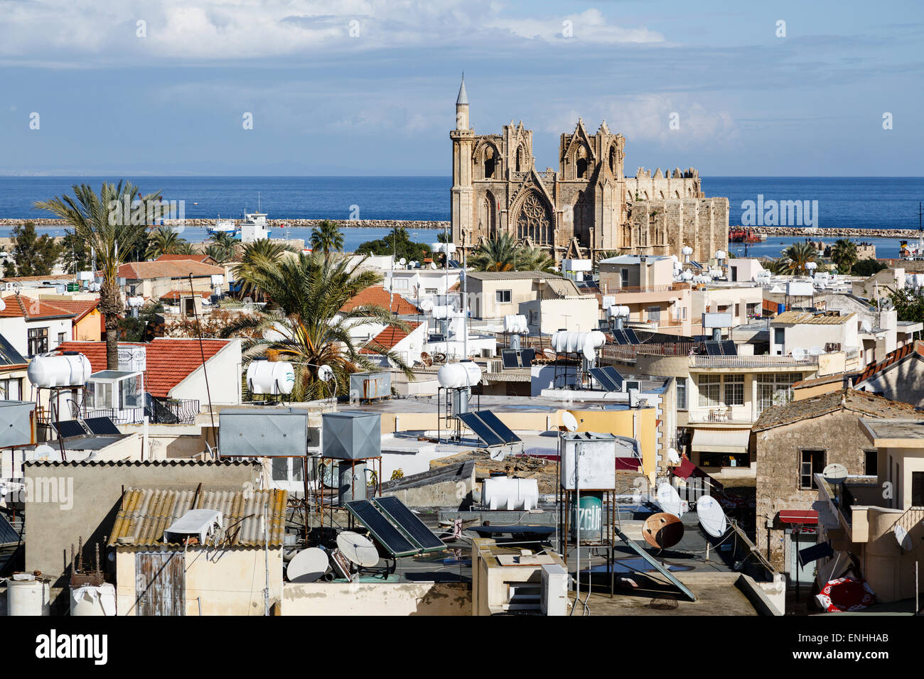 View from the city walls across the rooftops to the Lala Mustafa Pasha Mosque, Gazimagusa (Famagusta), Northern Cyprus Stock Photo