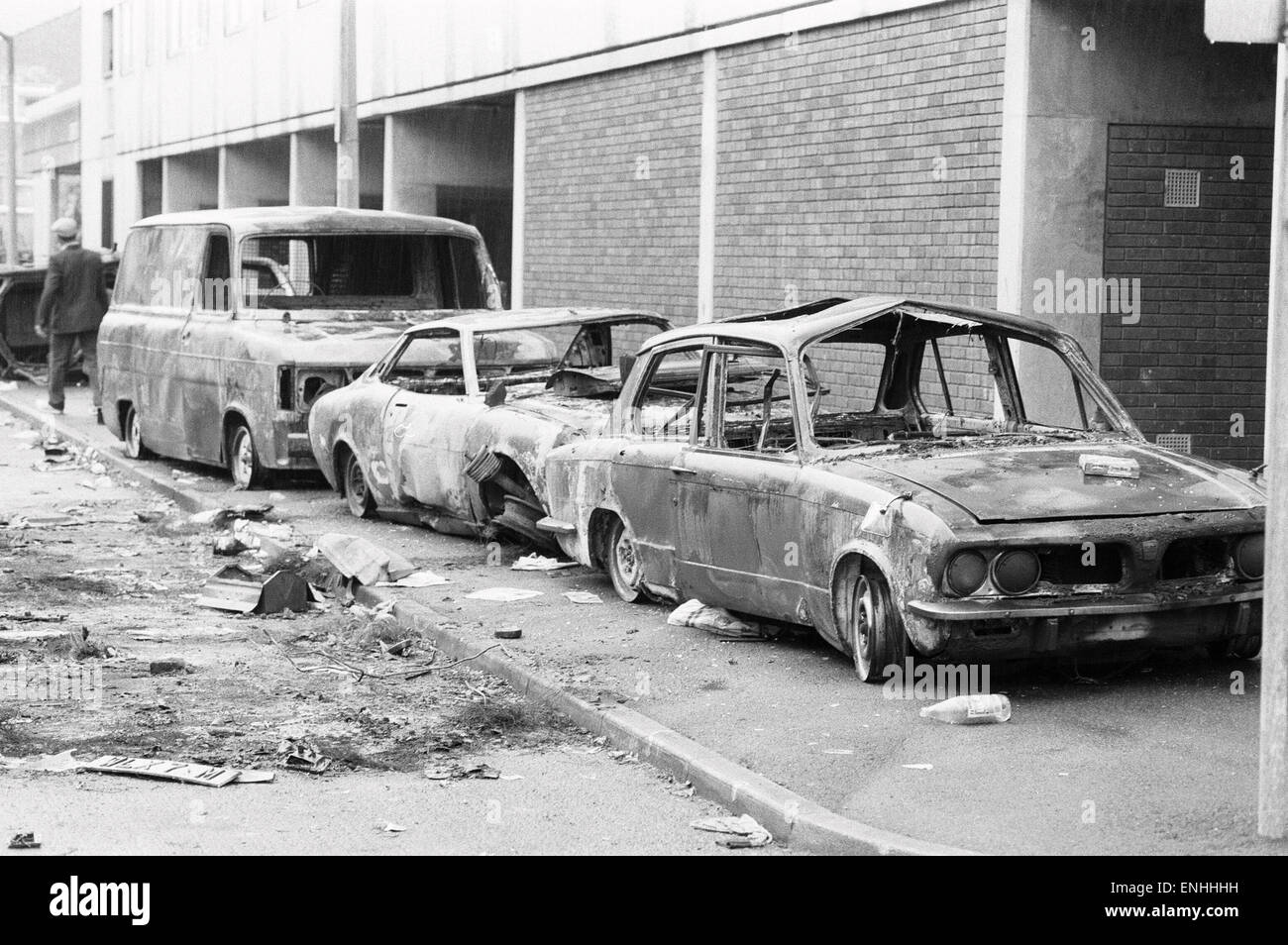 Aftermath of the riots which broke out in the Broadwater Farm estate in Tottenham, North London. The riot started the day after local resident Cynthia Jarrett died during a disturbance while police searched her home. Picture shows burnt out vehicles the d Stock Photo