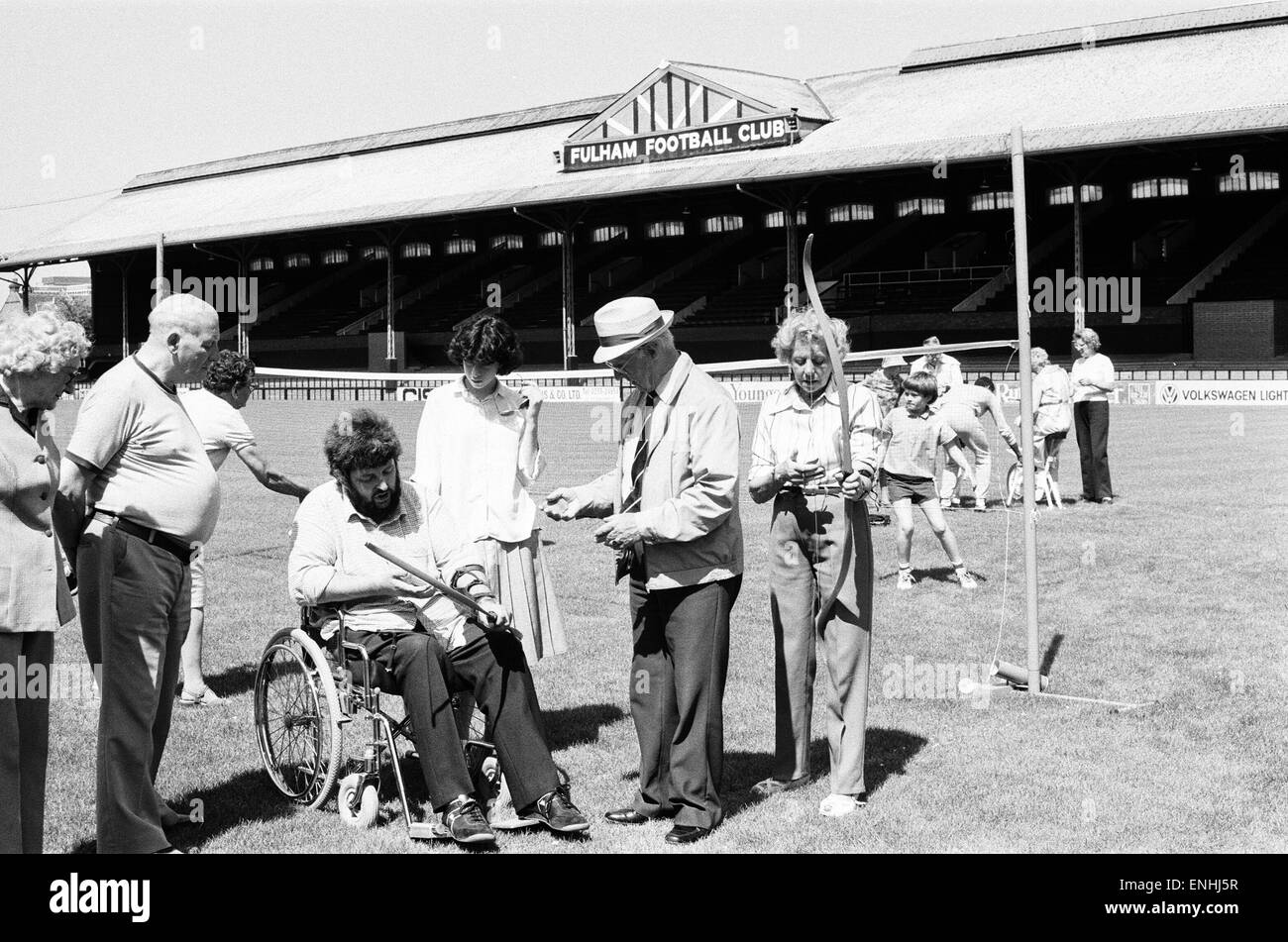 Craven Cottage, home of Fulham FC, opened it's doors to the community in a joint project with Arsenal to combat football hooliganism. Pensioners meet up at the club as part of the new scheme. 23rd July 1985. Stock Photo