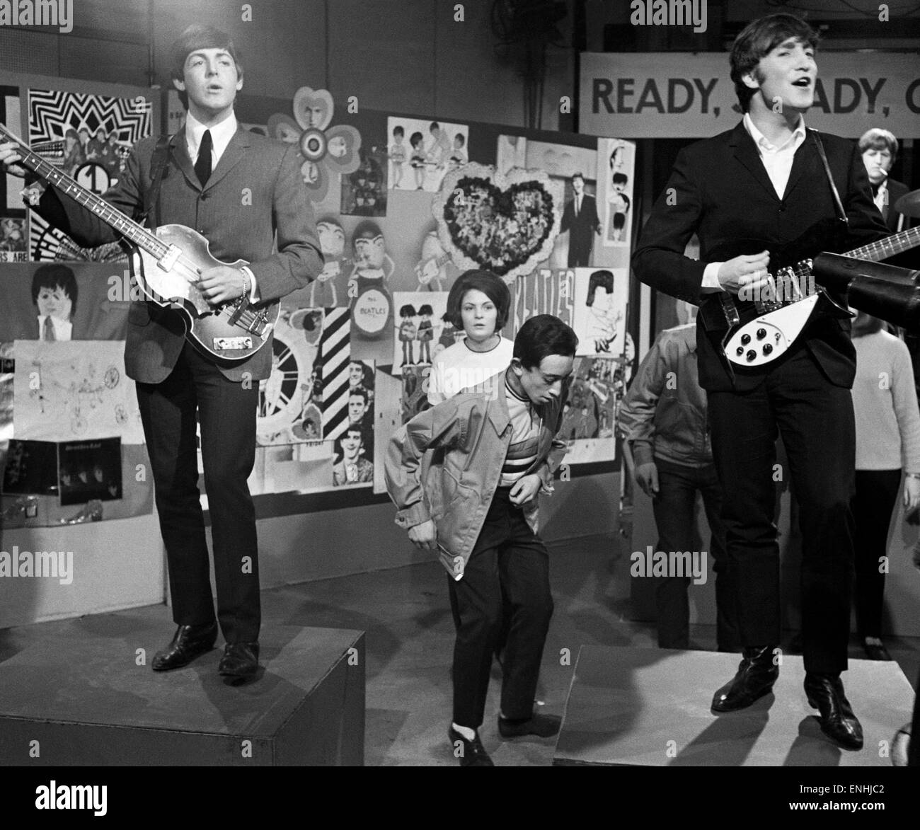 The Beatles, Paul McCartney and John Lennon on set of 'Ready, Steady, Go', at Television House, London, Friday 20th March 1964. Stock Photo