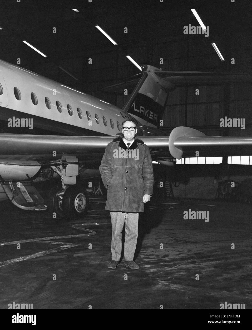 British airline entrepreneur Freddie Laker pictured beside one of his planes. 22nd February 1969. Stock Photo