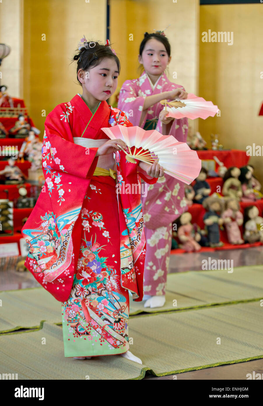 Young Japanese girls dressed in traditional kimono during the Hinamatsuri  or Hina Doll Festival at the Shinnanyo Fureai Center March 7, 2015 in  Shunan City, Japan. The festival is a day in