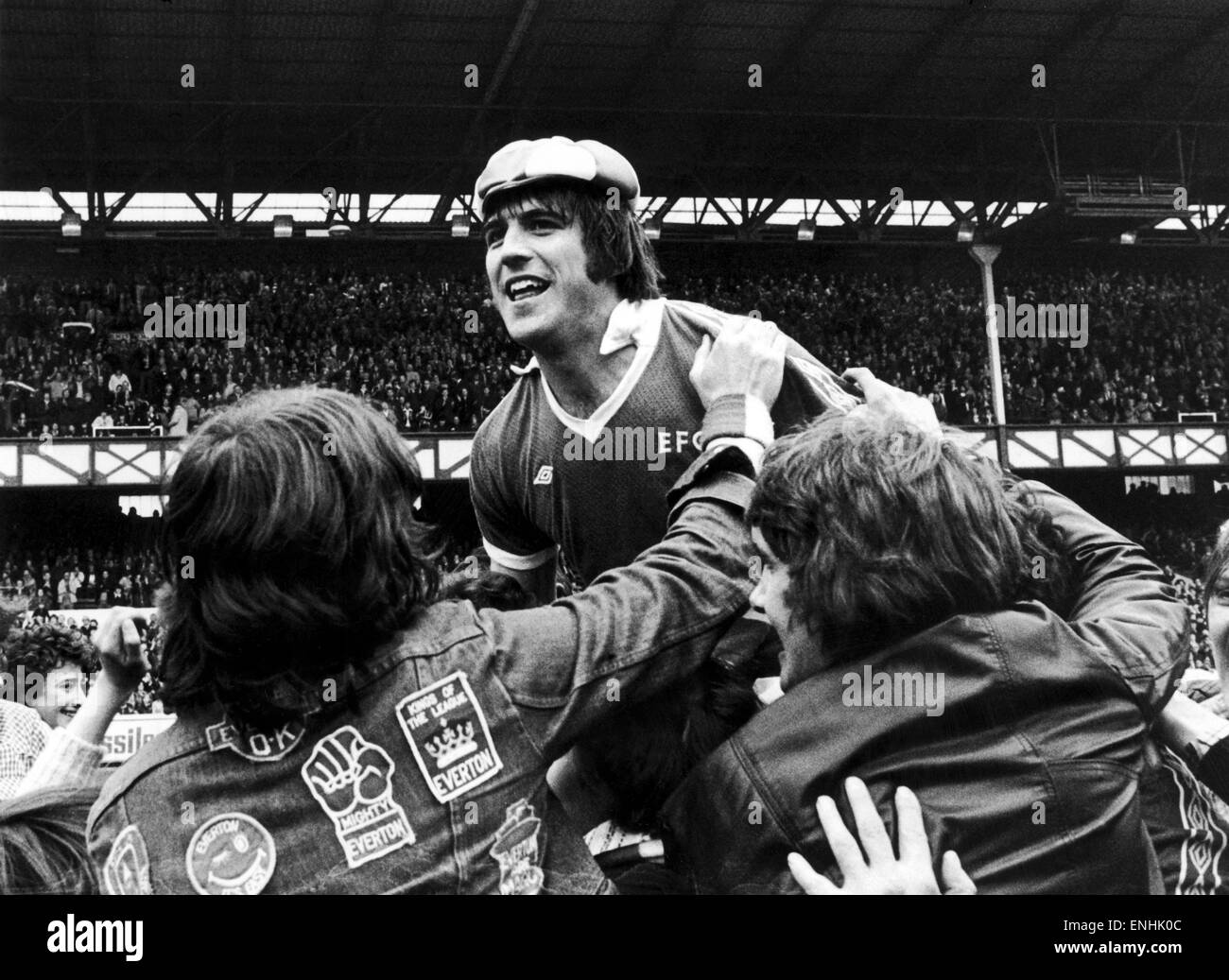 Everton forward Bob Latchford mobbed by jubilant fans after scoring his 30th goal of the seaon in the 6-0 win over Chelsea at Goodison Park. 29th April 1978. Stock Photo