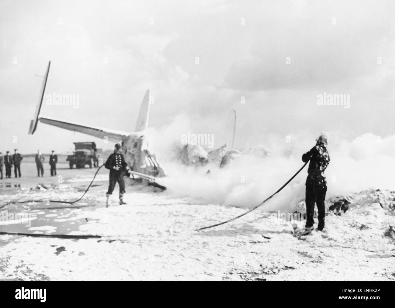 Troop carrying 4 engined Avro York, which crashed at Stanstead Airport in Essex, when attempting to take off, 22nd September 1954. Carrying 44 Welsh Guards, the plane lost a wheel on take off, skidded across the airfield with its engines ablaze and crashe Stock Photo