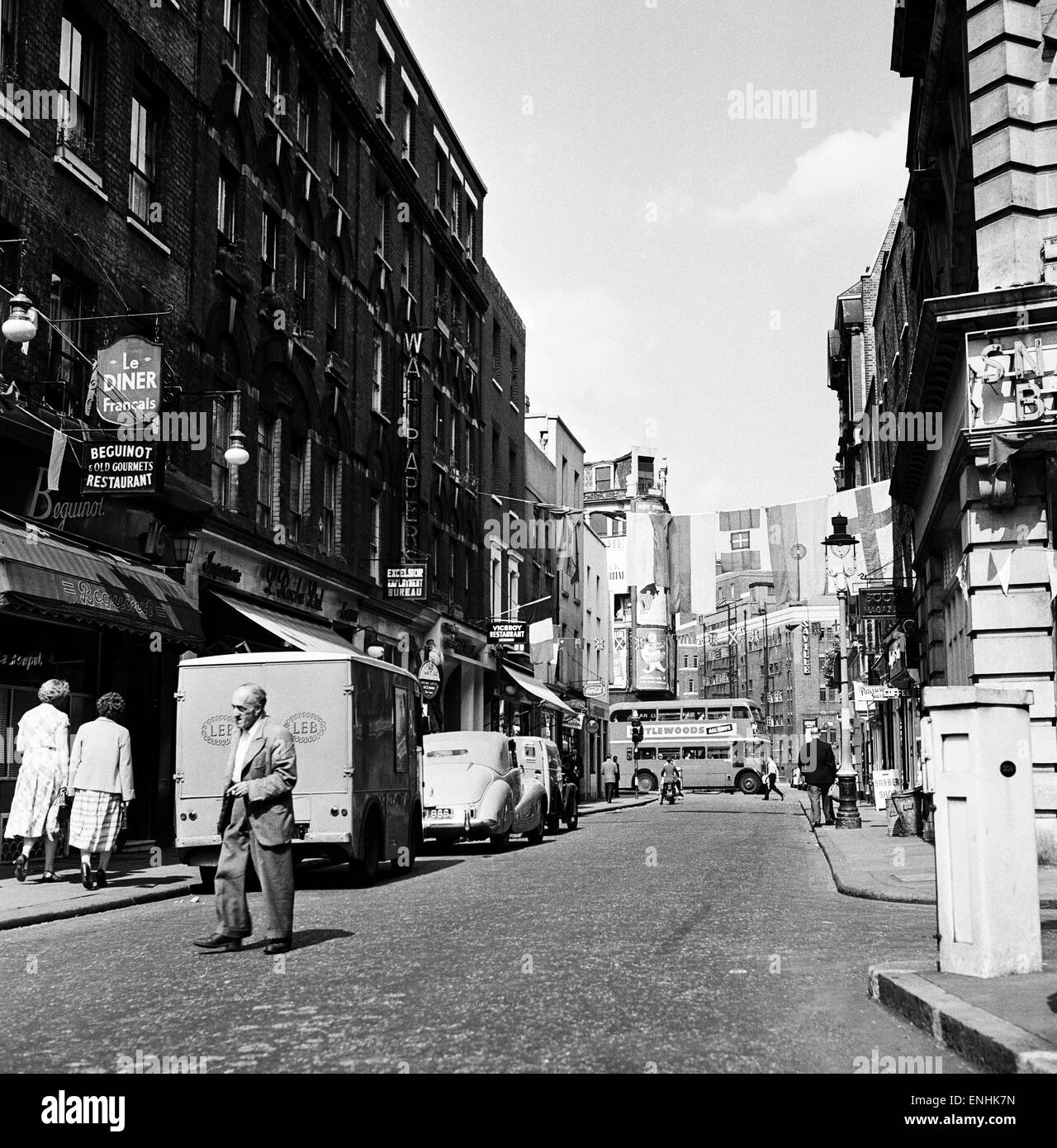 Scene in Old Compton Street in Soho, London. Circa 1955. Stock Photo