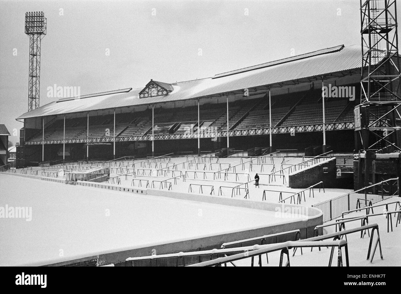 Goodison Park, home ground of Everton football club, covered in snow the day before their match