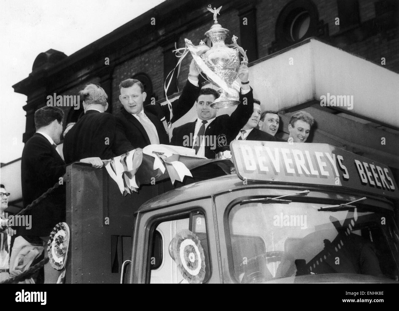 Wakefield Trinity Rugby League team seen here parading the Rugby League Cup through the streets of Wakefield following their 38 - 5 victory over Hull at Wembley. 15th May 1963 Stock Photo