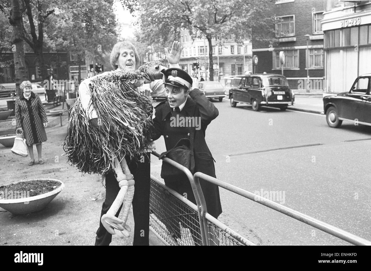 Rod Hull and emu seen here attacking a traffic warden outside the Shaftsbury Theatre where the first original pantomime in London for over 50 years is being performed. The Pantomime was written by Rod Hull and stars his Emu. 19th October 1976 Stock Photo